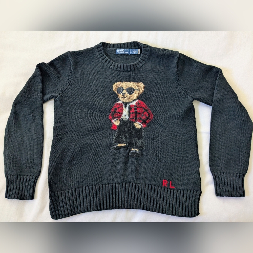 Ralph Lauren Charcoal Cotton-Blend Sweater with Bear